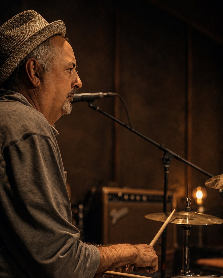Al Wooldridge in profile at the drums, straw fedora and grey henley, a vocal microphone on a boom at his mouth and a drumstick over the snare.