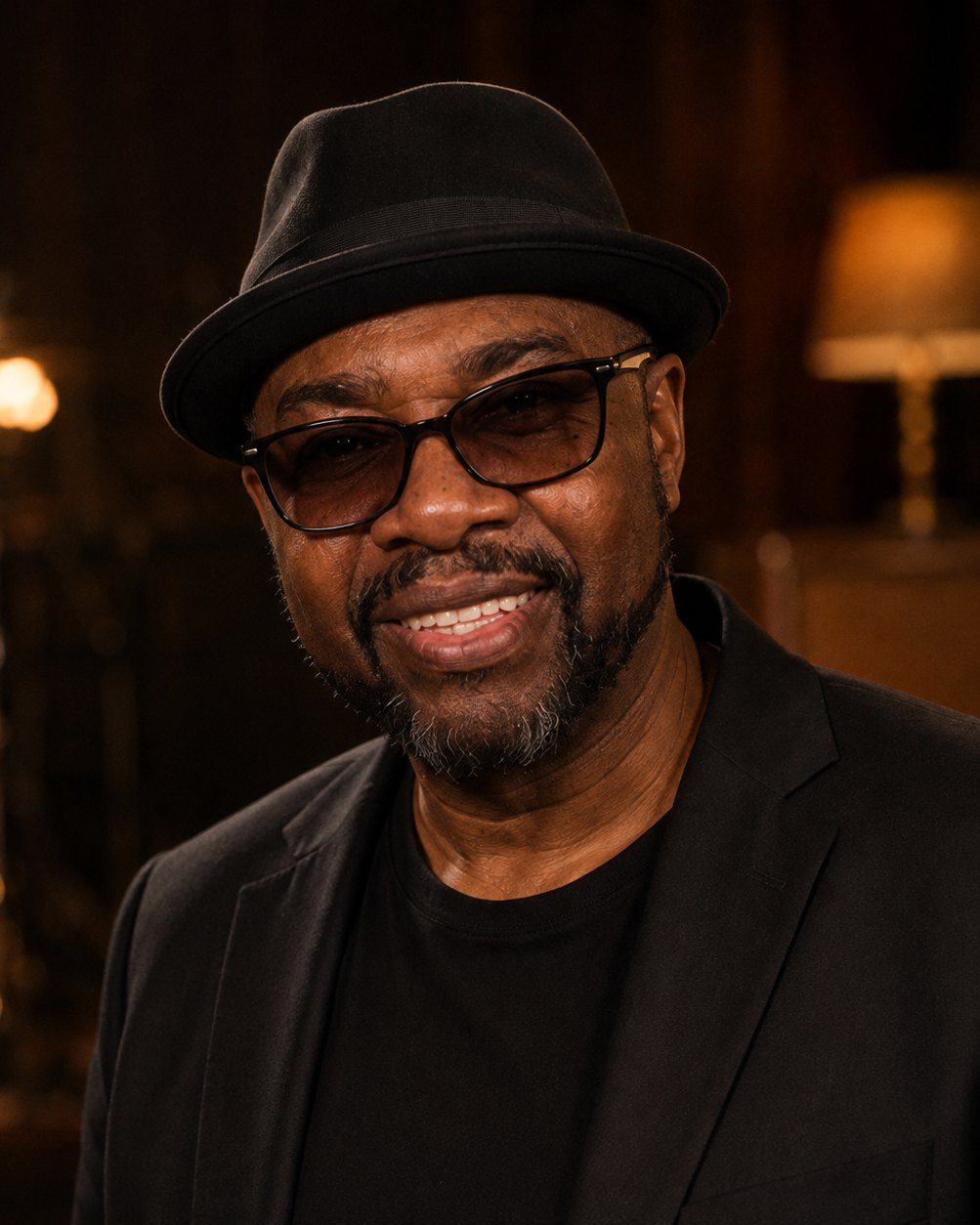Melvin Hill smiling at the camera in a black pork pie hat, glasses and a black jacket, warm lamps and a drum kit behind him.