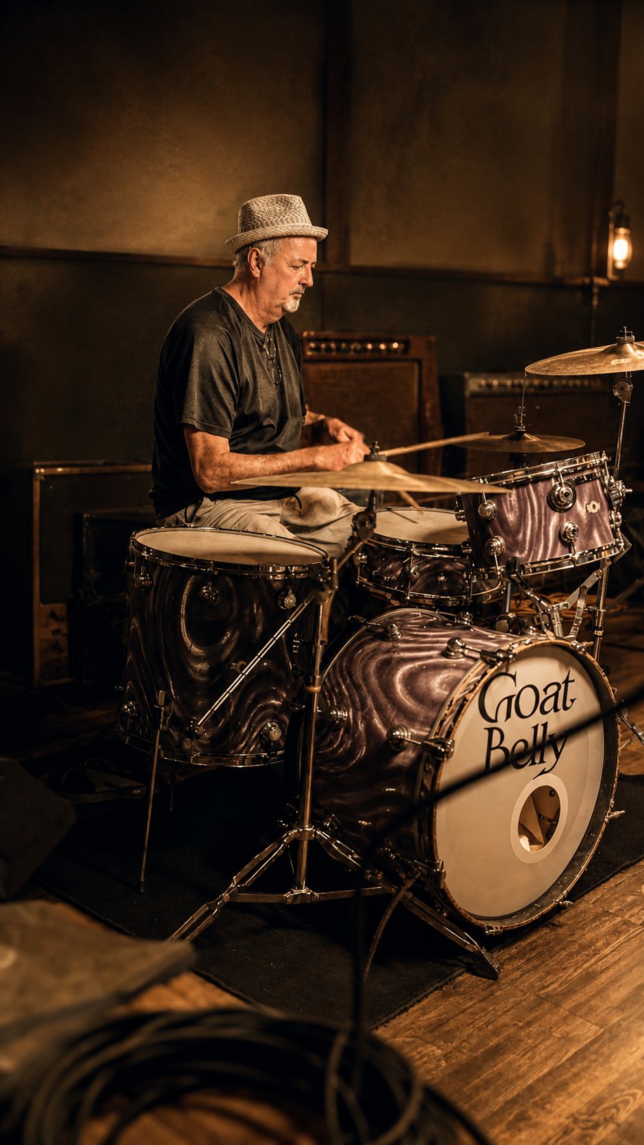 Al Wooldridge in a pale fedora looking down at his snare, a wall lamp glowing behind the kit.