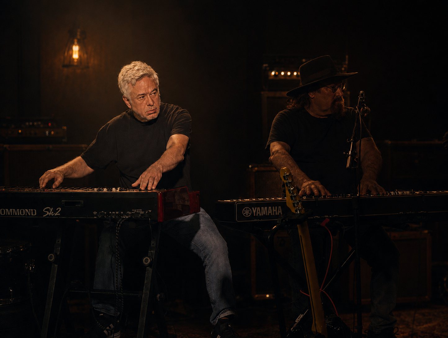 David Alan at a Hammond SK2 in a dim warm room, a second keys player behind a microphone beside him.