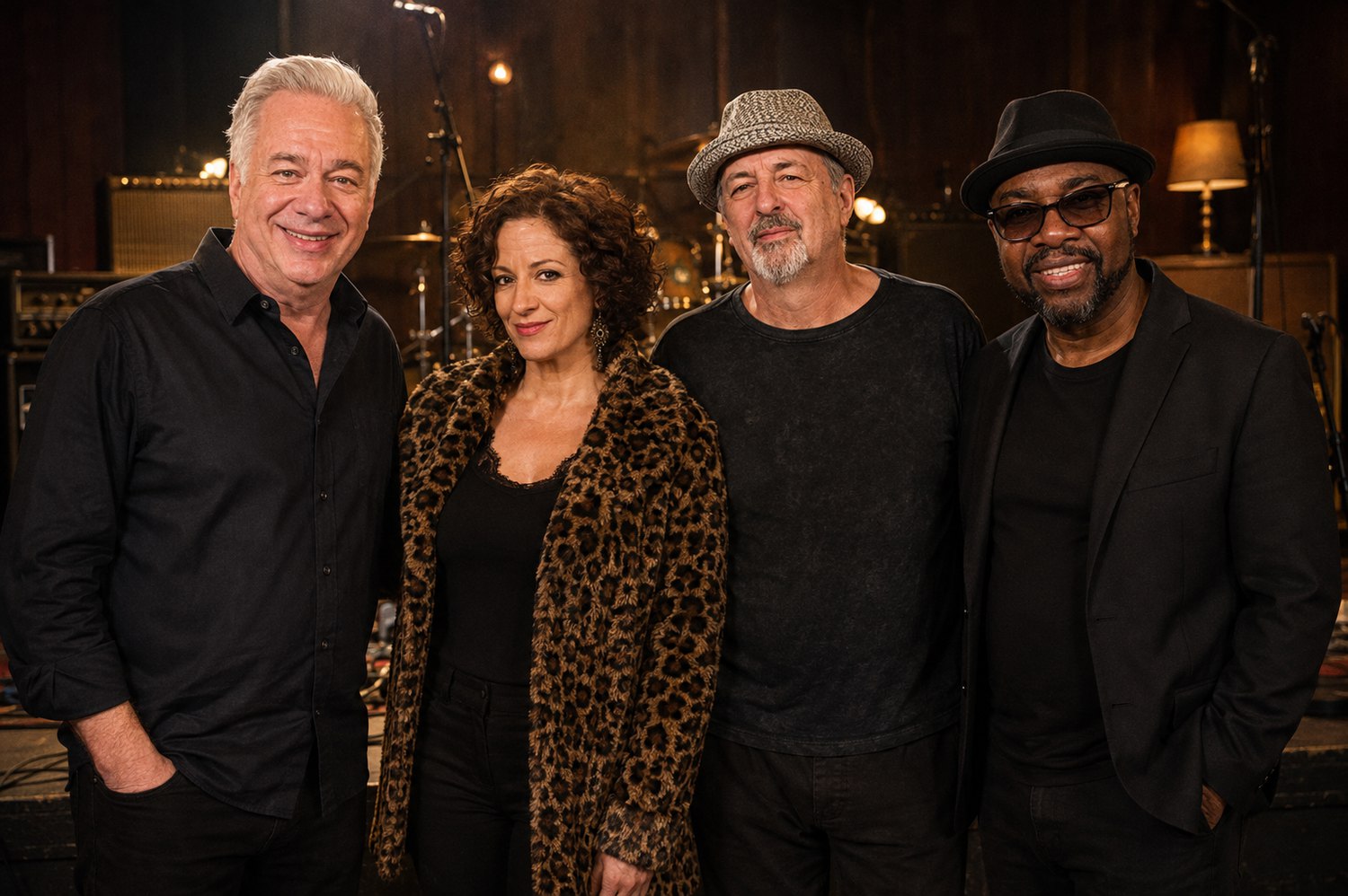 David Alan, Amanda Chun, Al Wooldridge and Melvin Hill standing side by side in front of amplifiers and a drum kit under warm lamp light.