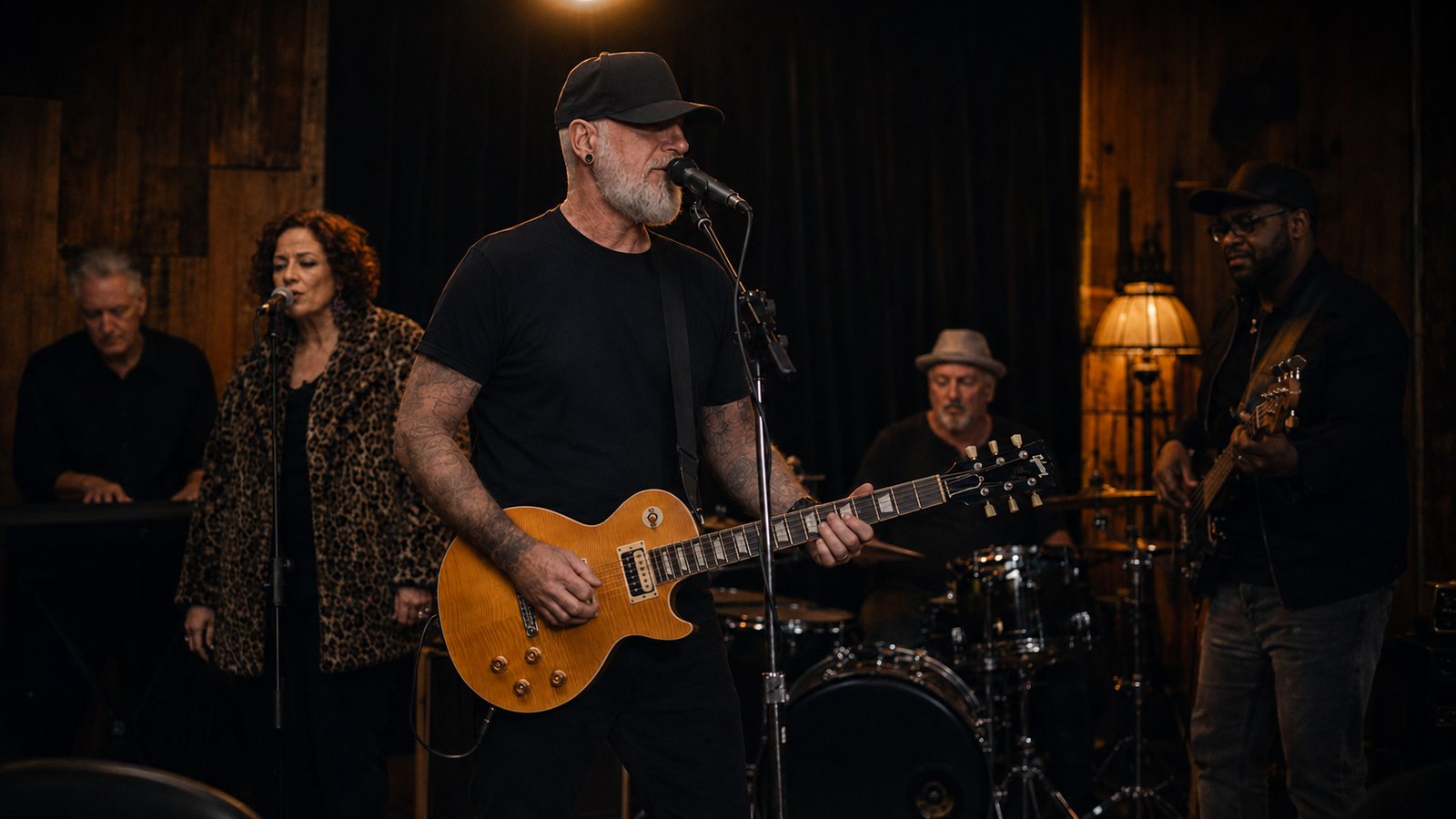 Matthew at the microphone with the full band behind him — keys, vocals, drums and bass — under warm stage light.