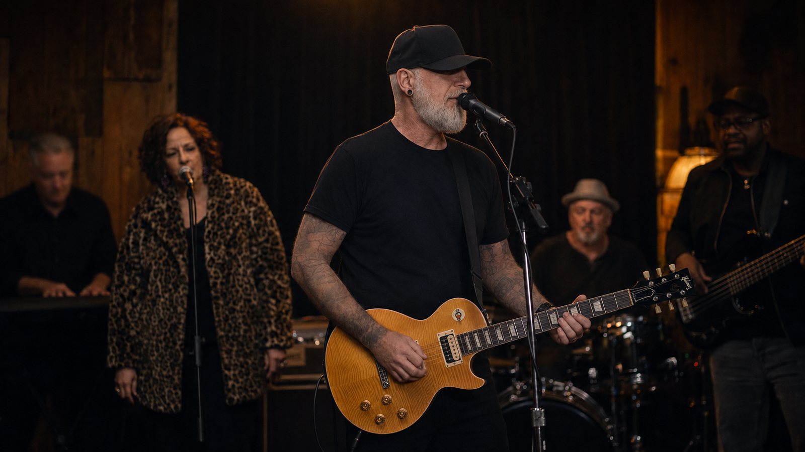 Matthew Sloan Wallace singing into a microphone and playing an amber Les Paul at centre stage, singer and keyboardist to his left, drummer and bassist to his right, in a wood-panelled room.